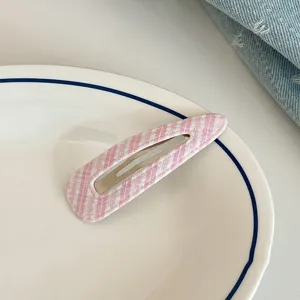 Pink white plaid fabric hair clip detail shot, sweet style BB clip for bangs styling.
