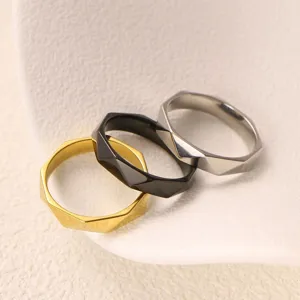 Geometric faceted titanium steel rings set, minimalist couple stacking fashion jewelry rings.
