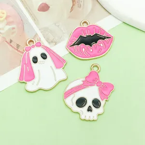 Halloween Legierung Emaillierte Geist Totenkopf Lippen Anhänger Rosa DIY Schmuck Set 10Pcs