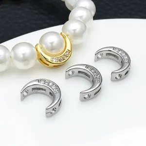Crescent moon spacer bead zirconia inlaid metal pendant DIY jewelry making accessories detail.