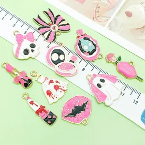 Rosa Emaille Legierung Halloween Geist Totenkopf Anhänger Set für DIY Schmuckherstellung.