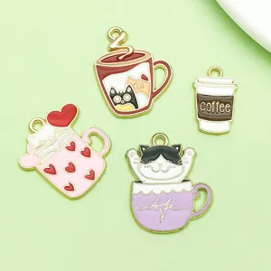 Misto 20 colorato goccia d'olio lega gatto dei cartoni animati tazza di caffè pendente gioielli