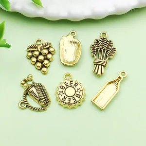 Antique gold alloy wine beer theme charms DIY jewelry making pendant accessories 6pcs
