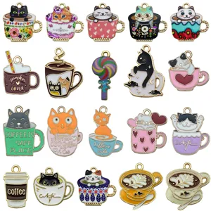 20pz Ciondoli In Smalto Gatto Tazza Di Caffè In Lega Accessori Per Gioielli Fai Da Te