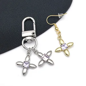 DIY alloy clover pendant charm with purple crystal square stone for handmade jewelry making