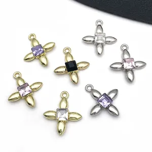 Close-up of alloy square crystal four-leaf clover pendant DIY jewelry making accessories.