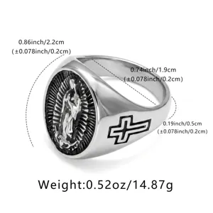 Vintage stainless steel signet ring with religious relief and cross detail for men.