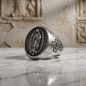 Vintage Virgin Mary Portrait Relief Ring For Men Stainless Steel Antique Silver Cross Oval Wide Band Punk Religious Jewelry