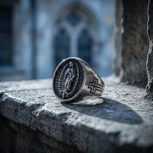 Vintage stainless steel oval ring featuring a religious portrait relief and cross side detail.