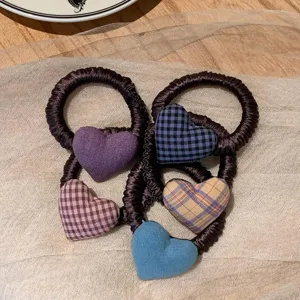Coletero de corazón a cuadros estilo preppy coreano, accesorio de pelo elástico detalle.