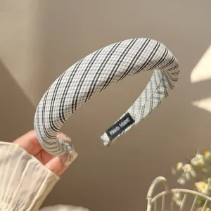 Cerchietto in spugna a quadri stile coreano, fascia spessa bianco nero per uso quotidiano.