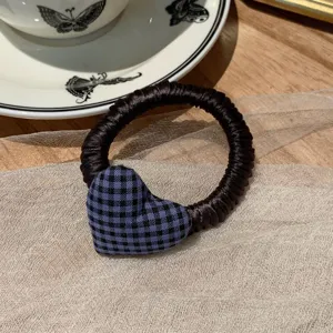 Lazo de pelo corazón a cuadros estilo coreano, accesorio elástico marrón para coleta de caballo.
