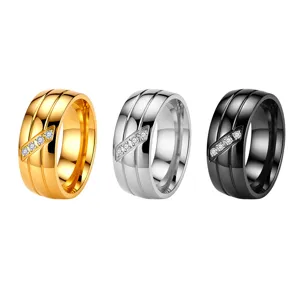 Minimalist Stainless Steel Groove Ring For Men Women Diagonal Inlaid Rhinestone Couple Band Wide Fashion Jewelry Gold Silver Black