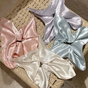 Summer ice cream color satin scrunchies with long ribbons, elegant hair accessories for women.