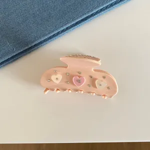 Jolie pince à cheveux rose en strass avec cœurs, pince requin rétro en acétate pour coiffure.
