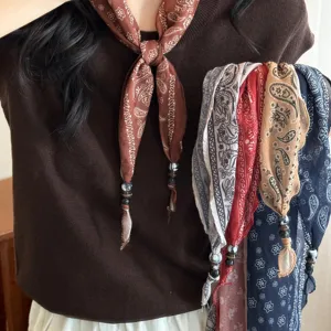 Vintage Paisley Bloemen Satijnen Sjaal Ketting Voor Vrouwen Elegante Driehoekige Sjaal Met Kraal Kwastje Decoratief Overhemd Accessoire