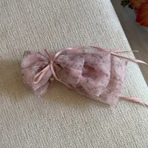 Pink floral organza hair bow banana clip sweet ponytail hair accessory for women daily wear