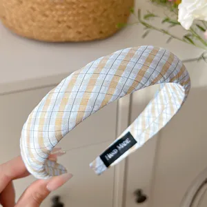 Joli serre-tête en tissu à carreaux bleu jaune accessoire cheveux femme style mignon