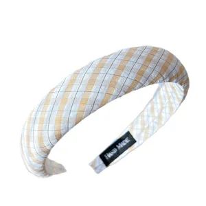 Bandeau à cheveux en tissu écossais doux pour femme, accessoire de mode jaune et blanc.