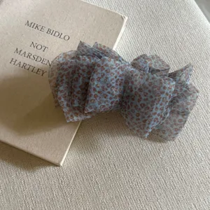 Korean style fluffy blue leopard organza bow hair clip large banana clip for women