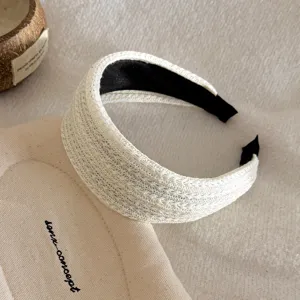 White knitted wide headband for women, vintage woven hair hoop for daily fashion wear.