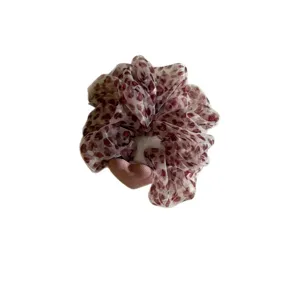 Chouchou de cheveux en résille à motif léopard coréen avec cœur rose pour queue de cheval.
