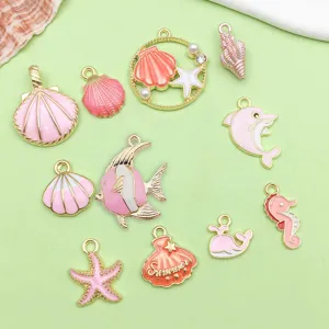 Pink enamel ocean shell starfish fish dolphin whale charms DIY bracelet jewelry making accessories