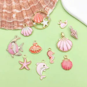 Pink enamel alloy ocean shell starfish dolphin charms diy bracelet jewelry accessories details.