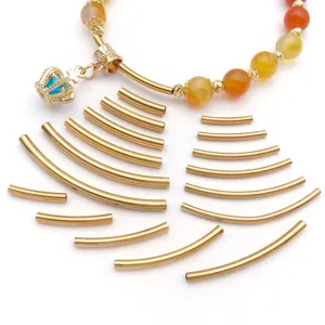 Stainless steel curved tubes and crown pendant DIY jewelry making accessories, gold finish.