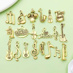 Pendentifs Charms Instruments de Musique en Alliage de Zinc Or Antique DIY Collier Bracelet Accessoires de Bijoux Note Guitare Violon