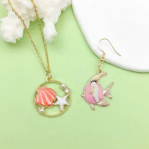 Ocean theme pink alloy shell starfish necklace and fish earrings set for jewelry accessories
