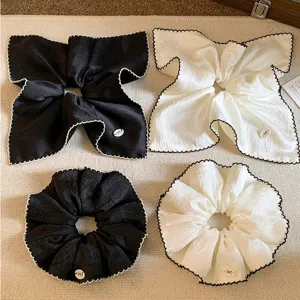 Korean Style Retro Satin Scrunchie With Ribbon Bow For Women Elegant Black White Large Hair Tie Scarf Hair Rope Hair Accessories