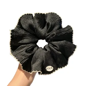 Korean retro black satin scrunchie elegant hair tie with white edge for women daily wear