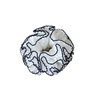 Korean sweet white dot hair scrunchie with black edge, elastic ponytail holder accessory.
