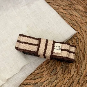 Brown beige striped fabric hair banana clip sweet handmade ribbon detail minimalist fashion accessory.