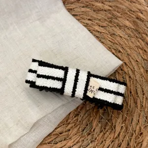 Korean style black and white striped knitted hair clip detail view, elegant hair accessory