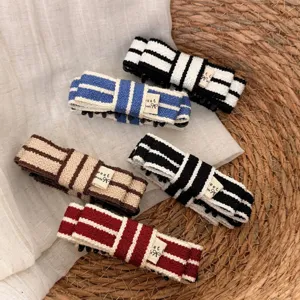 Korean Contrast Color Striped Knitted Bow Banana Clip Fashion Hair Accessory For Women Casual Knitted Fabric Plastic Hair Claw