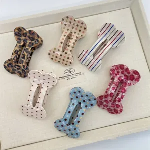 Cute Bone Shape Flat Acetate Hair Claw Clips For Women Leopard Polka Dot Plaid Pattern Hair Accessories Sweet Styling Hair Clips