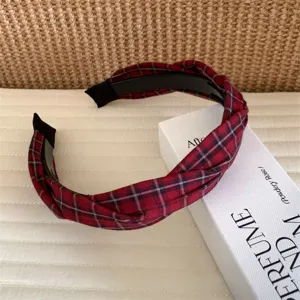 Koreanisches Vintag-Haarband mit rotem Karomuster, stilvoller Kreuz-Haarreif für Damen.
