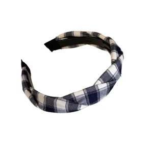 Koreanischer Retro Marineblau Weiß karierter Haarreif mit Knoten für Damen Styling Gesicht.