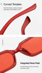 Vista dettagliata occhiali da sole quadrati rossi, stanghette curve e supporto nasale design.