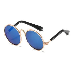 Occhiali da sole rotondi per animali domestici gatti cani montatura metallica lenti blu eleganti
