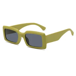 Avocado green retro square sunglasses, stylish thick frame fashion shades for outdoor wear.