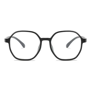 Modische polygonale Blaulichtfilter-Brille mit schwarzem Gestell für Alltag und Büro.