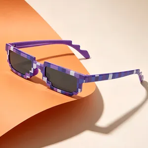 Trendy purple pixel sunglasses with block mosaic design for party festival and daily wear.