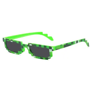 Green pixelated sunglasses for men and women, fun party eyewear with unique block design.