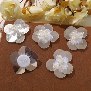 Transparent sequin flower patches with faux pearls DIY handmade garment accessories decor.