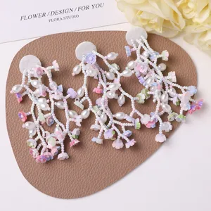 Vacation Style Tassel Artificial Pearl Floral Patch DIY Long Earrings Hair Clip Apparel Accessories