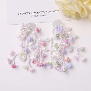 Fairy style colorful beaded pearl flower tassel earrings DIY clothing accessories main