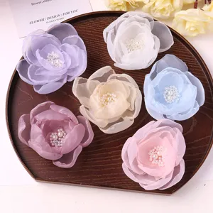 Sweet Mesh Floral Hair Clip Handmade Mesh Flower Hairpin With Artificial Pearl Women Daily Hair Accessories